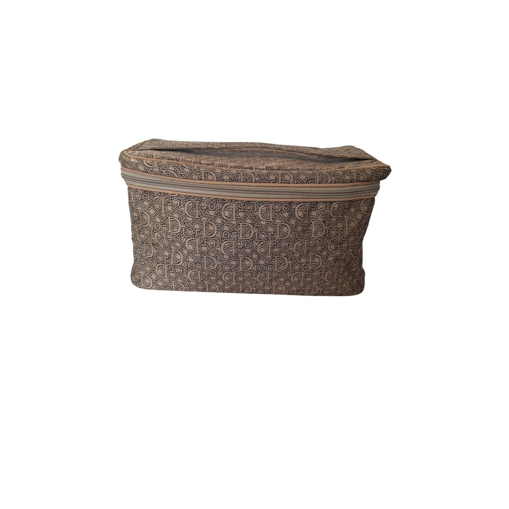 Christian Dior Vintage Honeycomb Monogram Vanity Case Makeup Bag Tan Brown